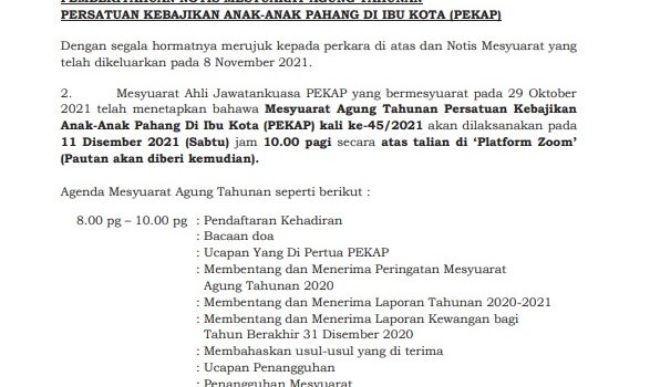 NOTIS PEMBERITAHUAN MESYUARAT AGUNG TAHUNAN PEKAP KALI KE-45/2021