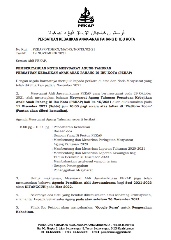 NOTIS PEMBERITAHUAN MESYUARAT AGUNG TAHUNAN PEKAP KALI KE-45/2021