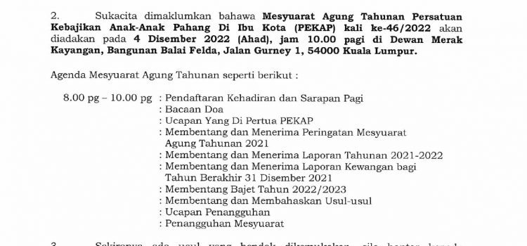 NOTIS MESYUARAT AGUNG TAHUNAN PEKAP KALI KE-46/2022